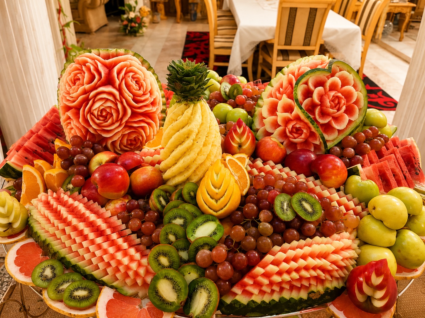Présentation de fruits sculptés : pastèques en roses, ananas et corbeille de saison