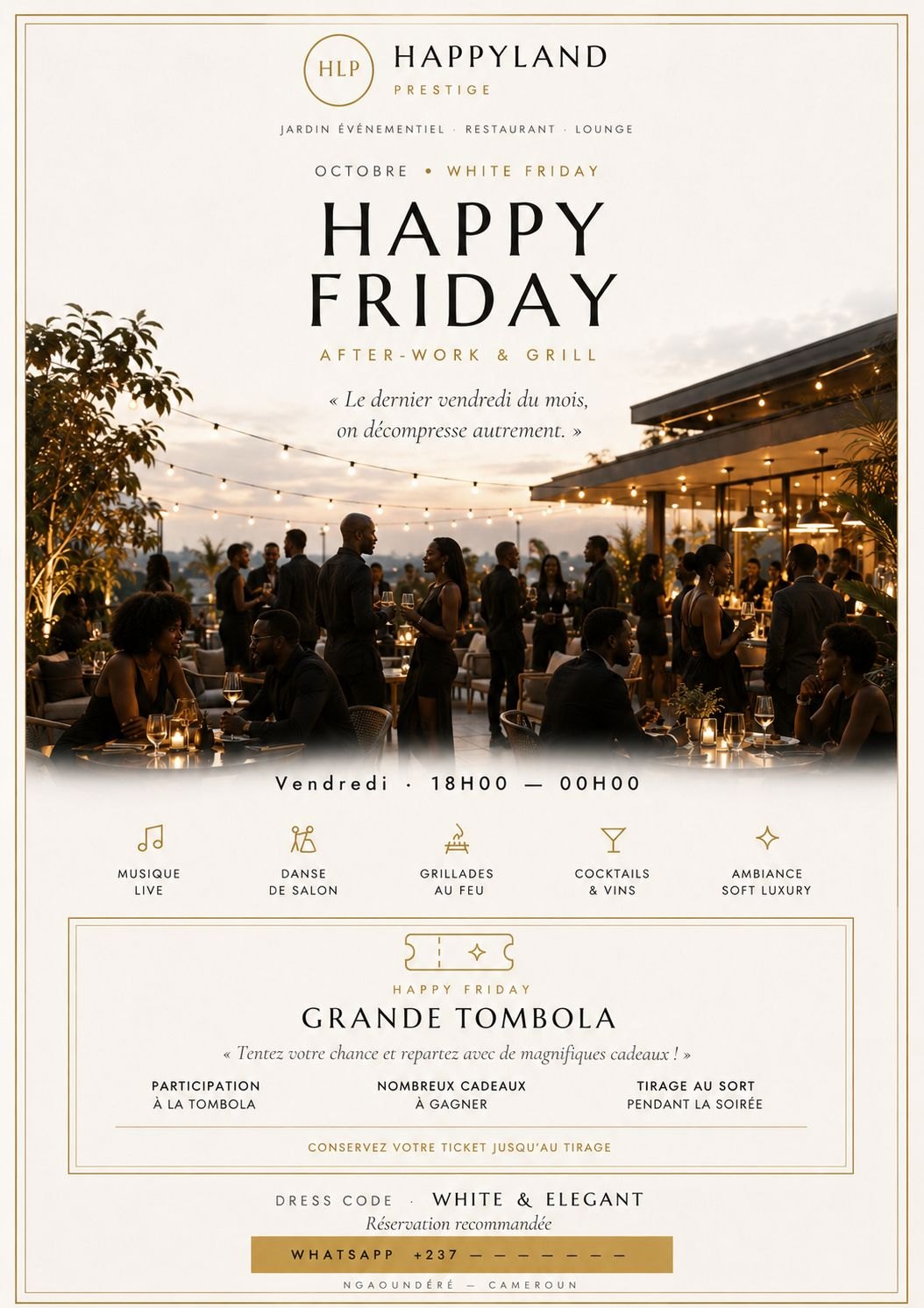 Affiche Happy Friday — after-work & grill, dernier vendredi du mois de 18h à minuit