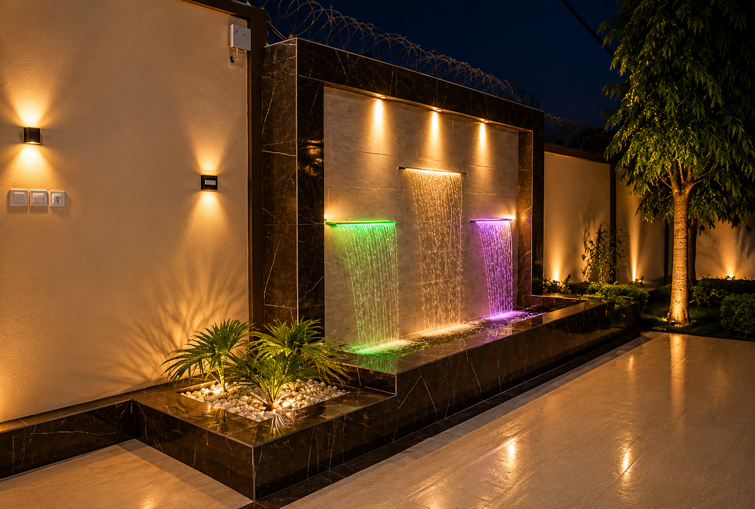 Mur d'eau illuminé dans le jardin HappyLand Prestige, de nuit