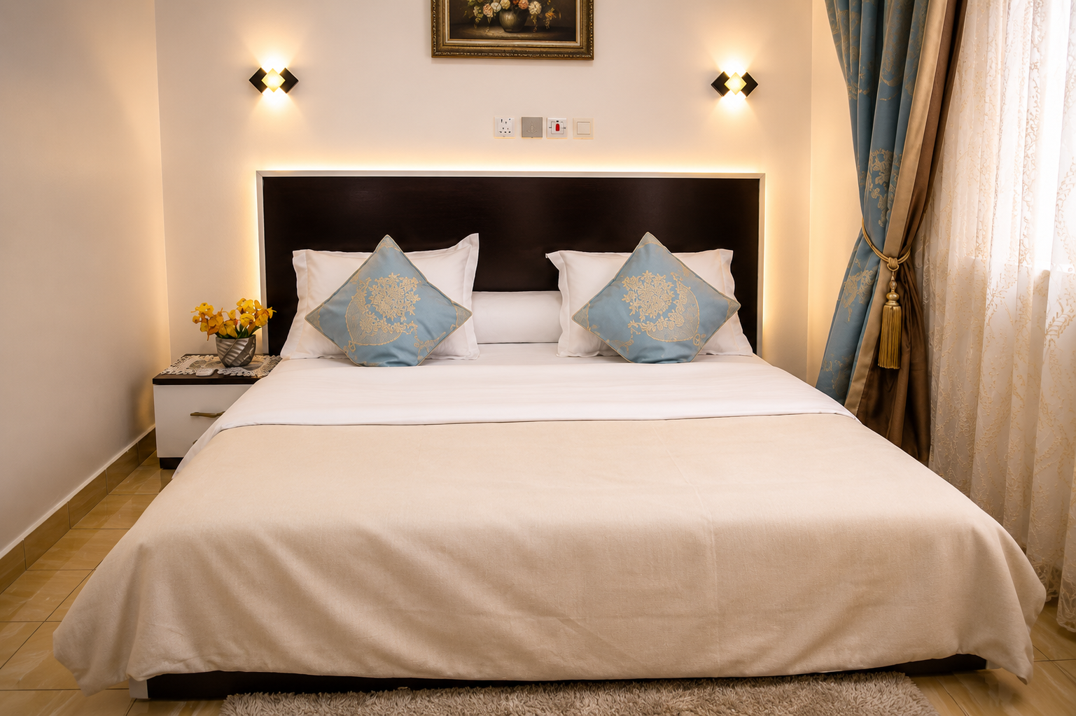 Suite VIP avec appliques murales et rideaux voilage